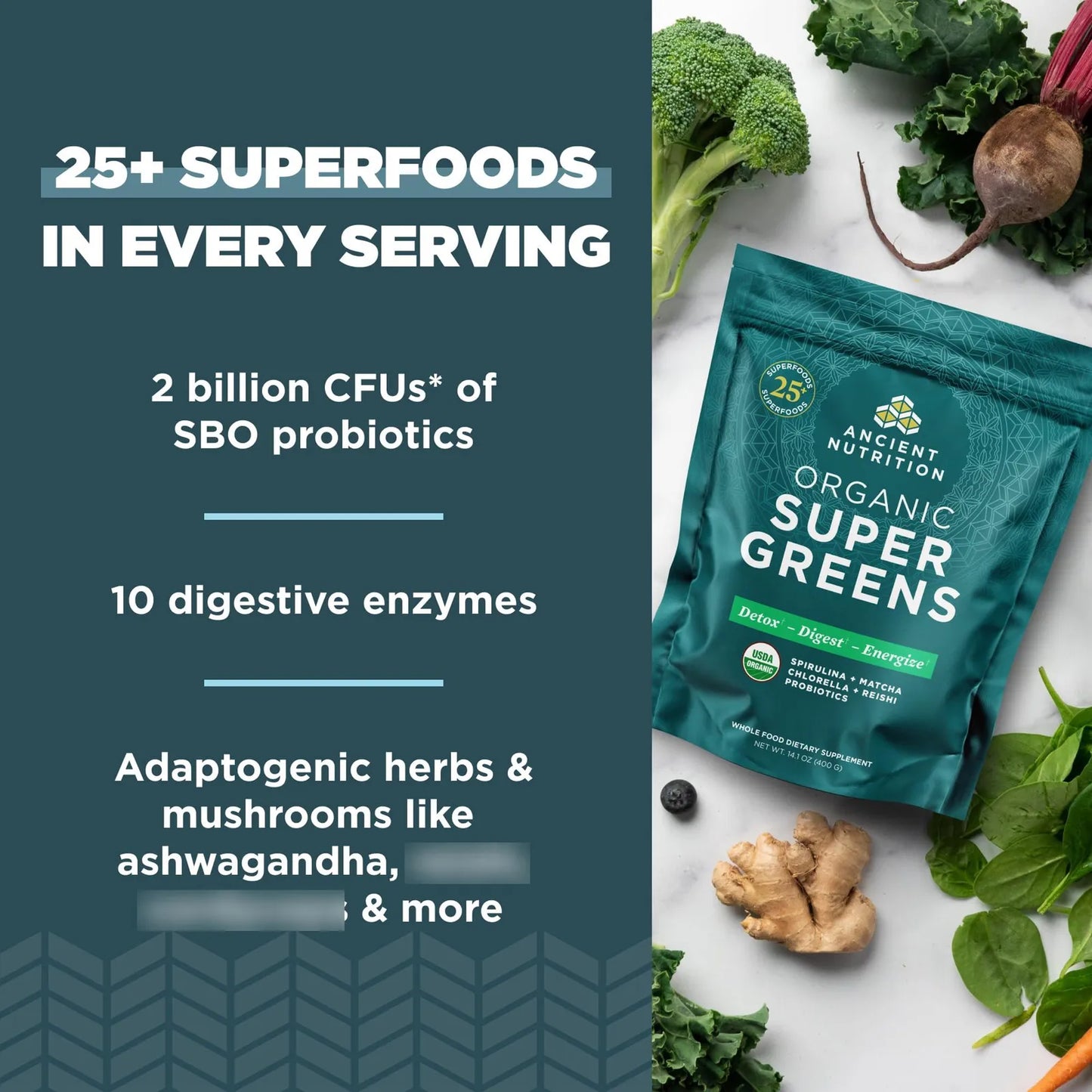 Super Greens Polvo Superalimento Orgánico Con Probióticos Espirulina Chlorella Matcha 14.1 Oz