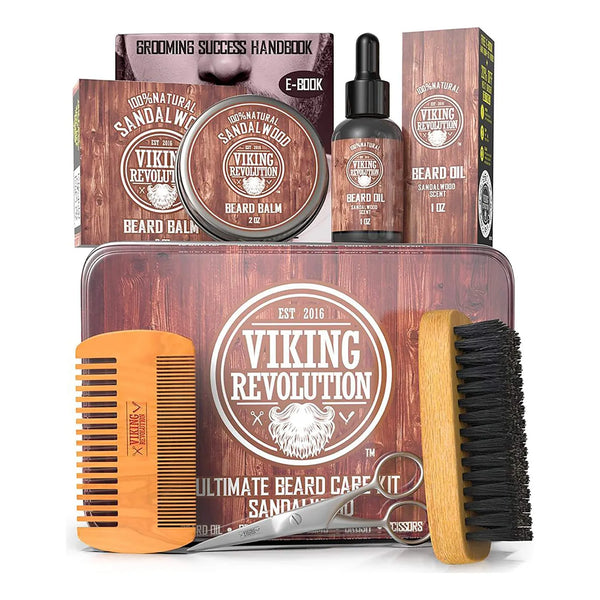 Kit Cuidado Barba Sándalo Cepillo Peine Aceite Bálsamo Tijeras Regalo