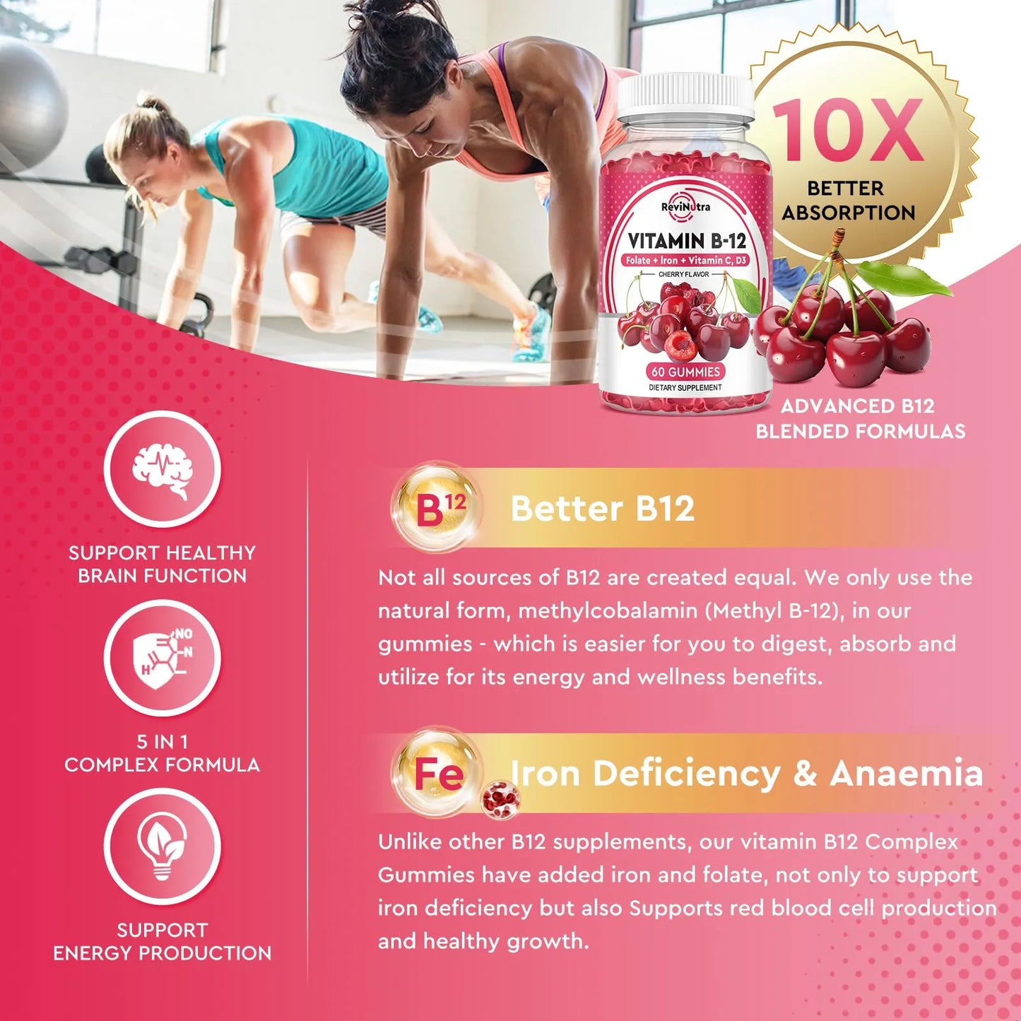 Gomitas Vitamina B12 5000 Mcg Con Hierro Vitamina C D3 Sabor Cereza