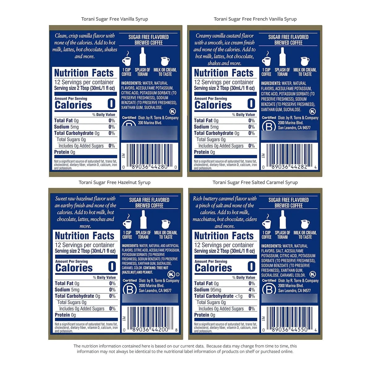Jarabe Sin Azúcar Surtido Para Café Set 4 Botellas 375 Ml Torani Sabores Cafetería