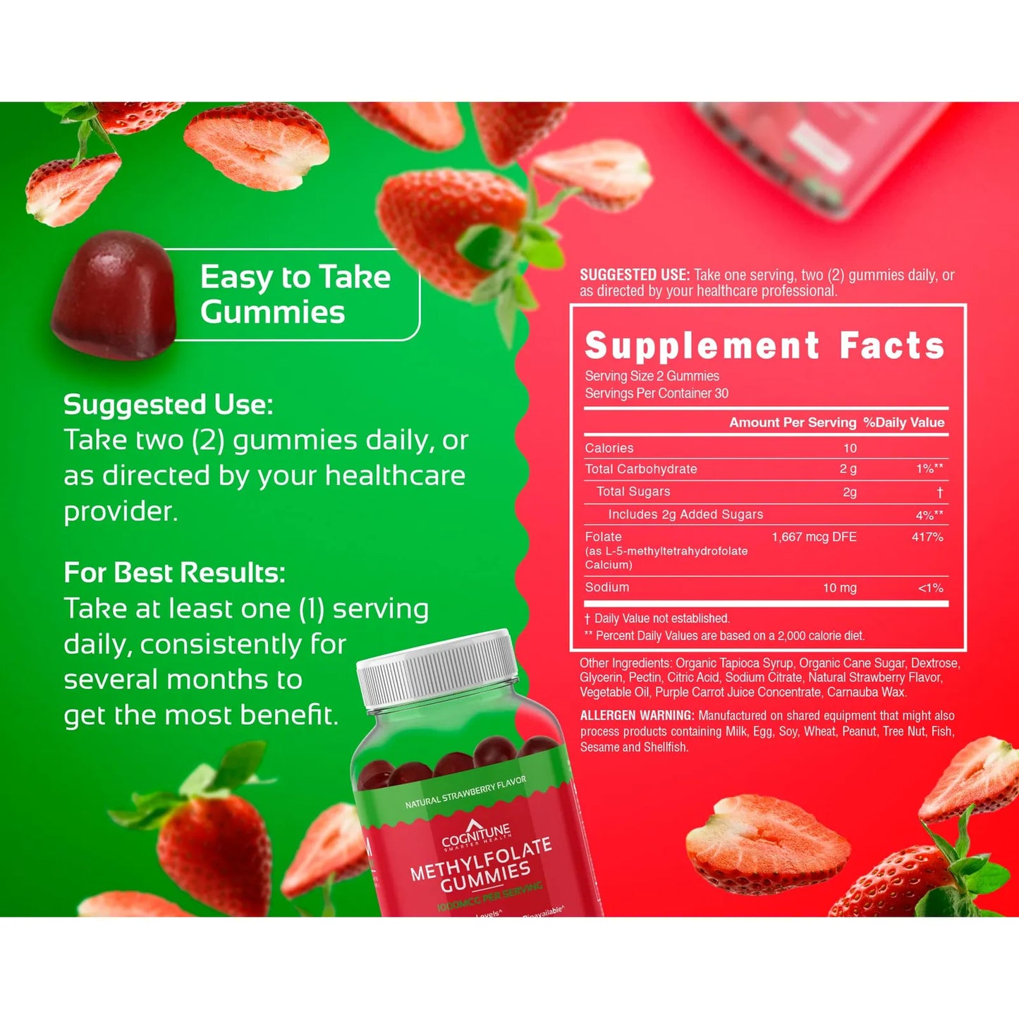 Gomitas De Metilfolato 400 Mcg Para Cerebro Corazón E Inmunidad Sabor Fresa