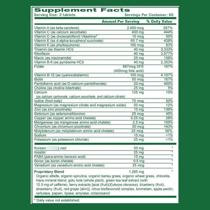 Multivitaminas Avanzadas Con Minerales Super Greens Y Antioxidantes 60 Tabletas