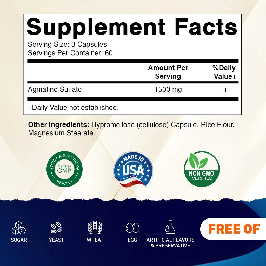 Agmatina Sulfato 1500 Mg 180 Capsulas Vegetales Sin Omg Sin Gluten
