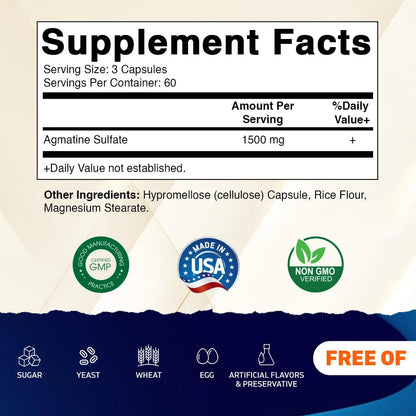 Agmatina Sulfato 1500 Mg 180 Capsulas Vegetales Sin Omg Sin Gluten