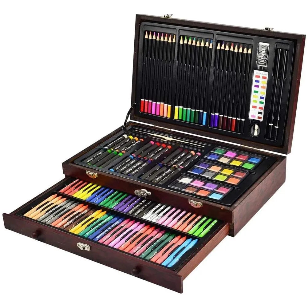 Kit De Dibujo Sunnyglade 145 Piezas Caja Madera Lápices Acuarelas Y Más