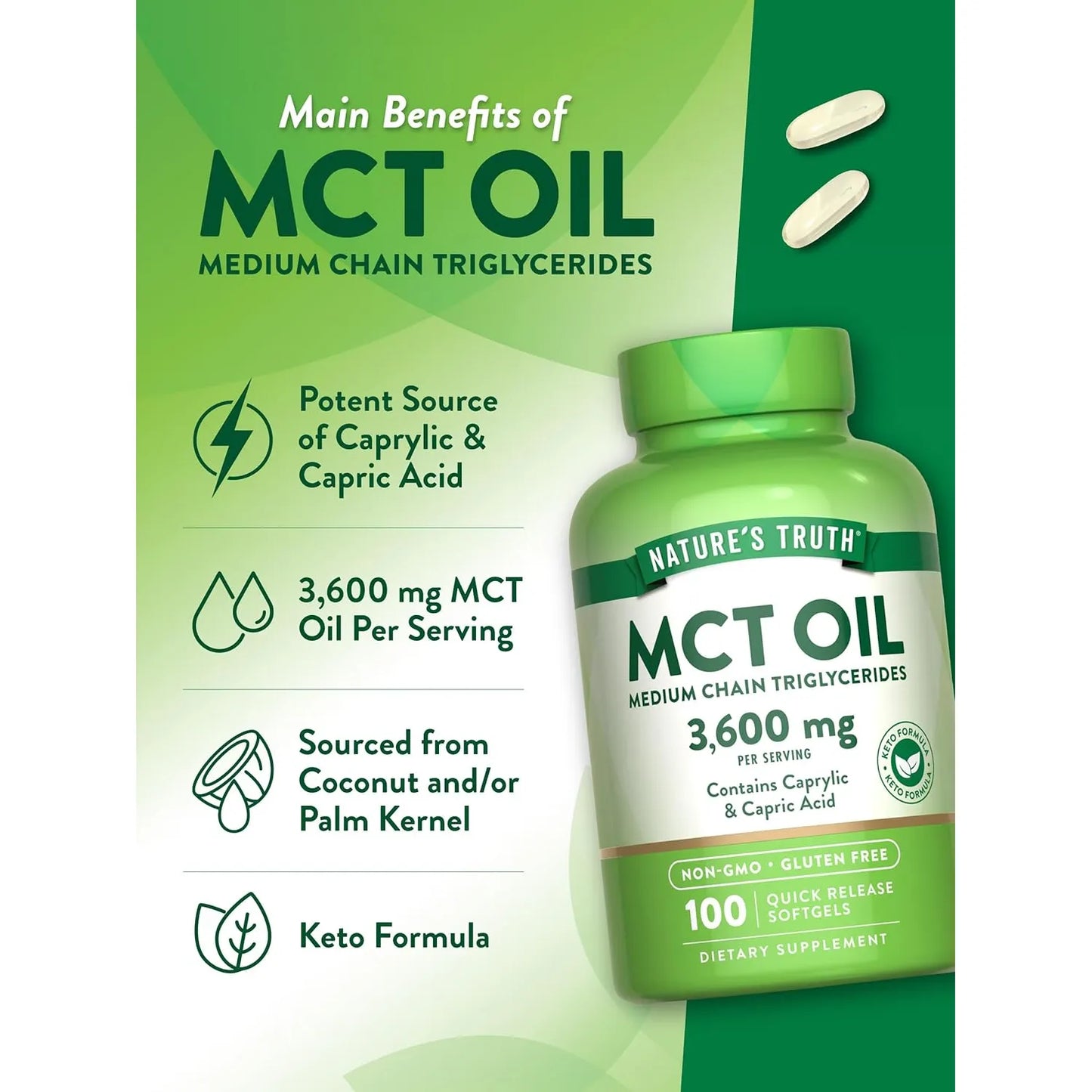 Aceite MCT 100 Capsulas Blandas NatureS Truth Ideal Dieta Keto Sin Gluten