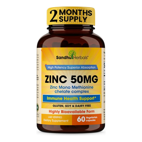 Sandhu Herbals Suplemento De Zinc 50 Mg Monometionina Alta Absorción 60 Cápsulas
