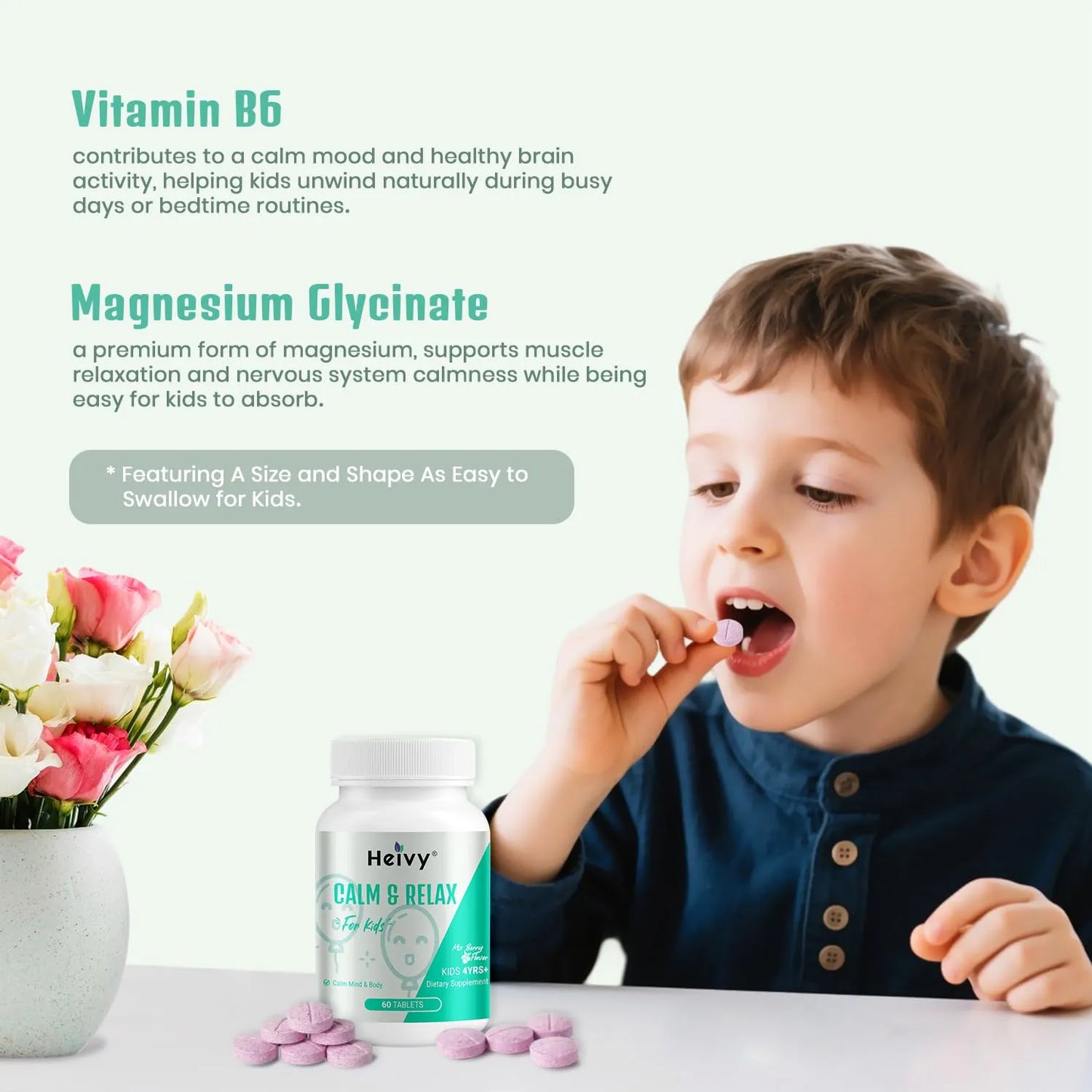 Suplemento Calmante Para Niños Con Glicinato De Magnesio Y Vitamina B6 Sabor A Bayas 60 Tabletas