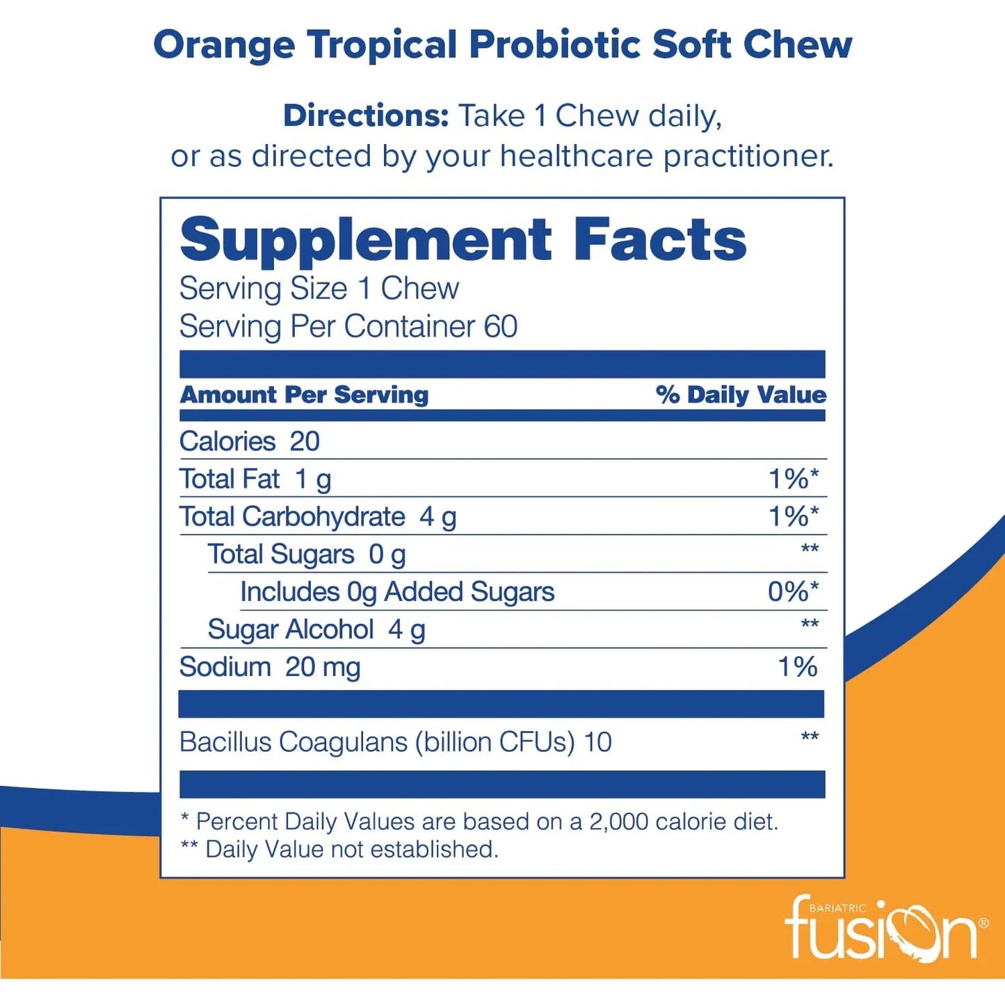Probiótico Masticable Bariatric Fusion 10 Mil Millones UFC Sabor Tropical Naranja 60 Unidades