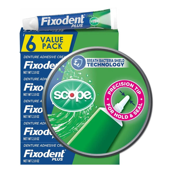 Fixodent Adhesivo En Crema Para Dentadura Con Sabor Plus Scope 2 Onzas Sujeción Duradera Y Frescura
