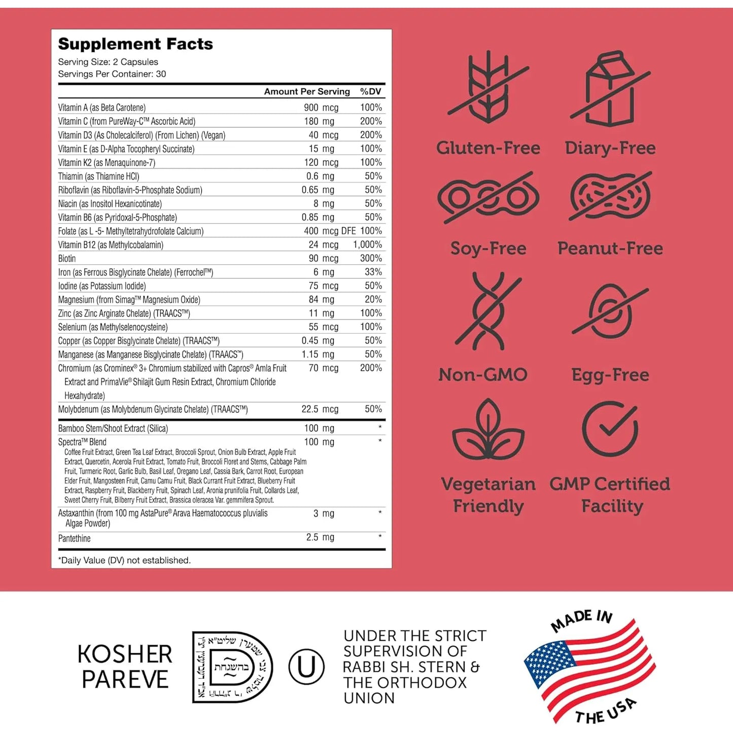 Multivitaminico Diario Cabello Uñas Piel Con Hierro 60 Capsulas Vegano Kosher