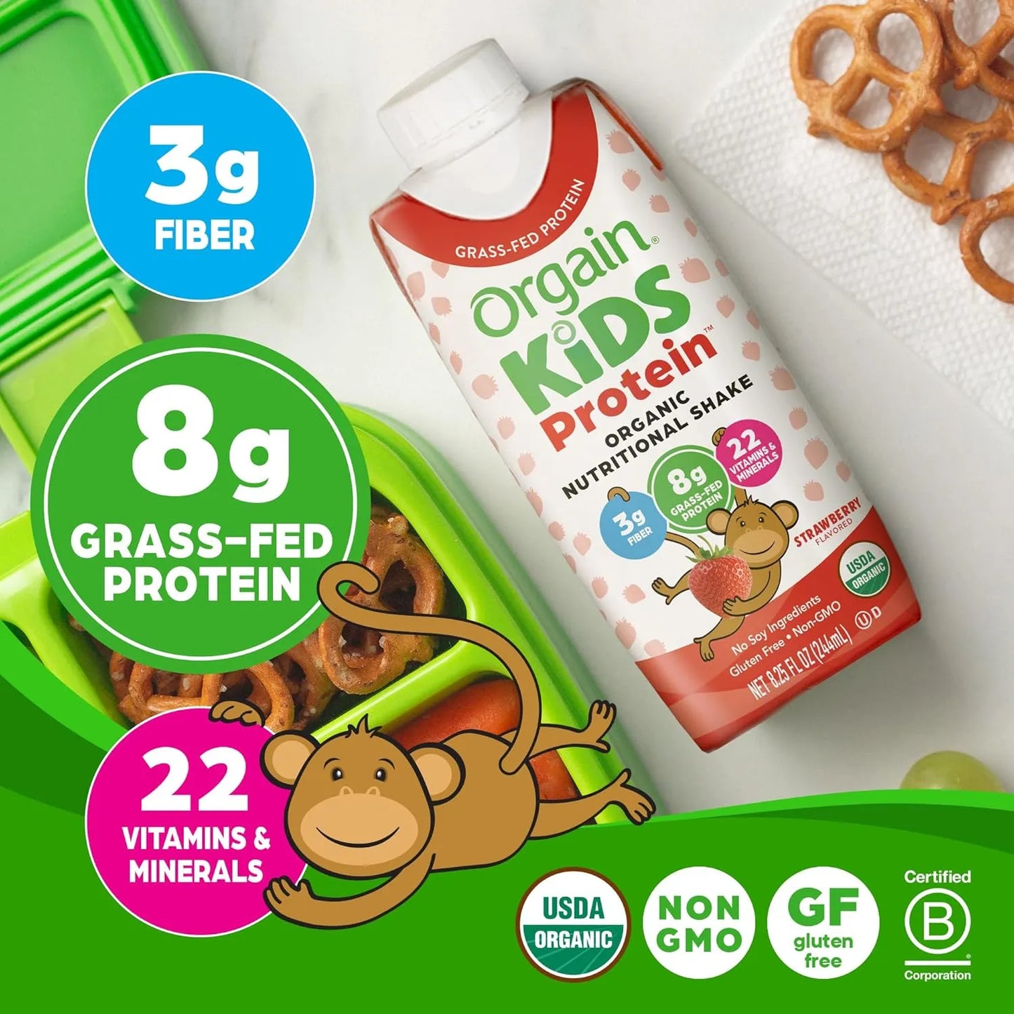 Batido Nutricional Orgánico Para Niños Sabor Fresa Orgain Kids 8.25 Oz Paquete De 12