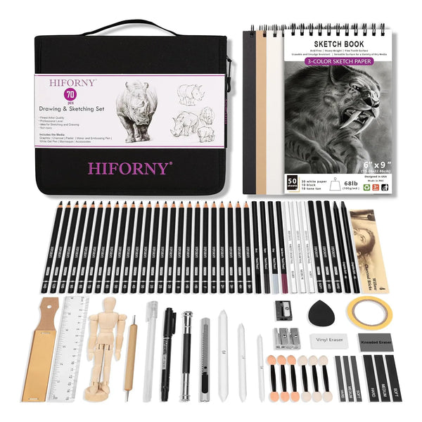 Kit De Dibujo Profesional 70 Piezas HIFORNY Lápices Grafito Carbón Cuaderno Incluido