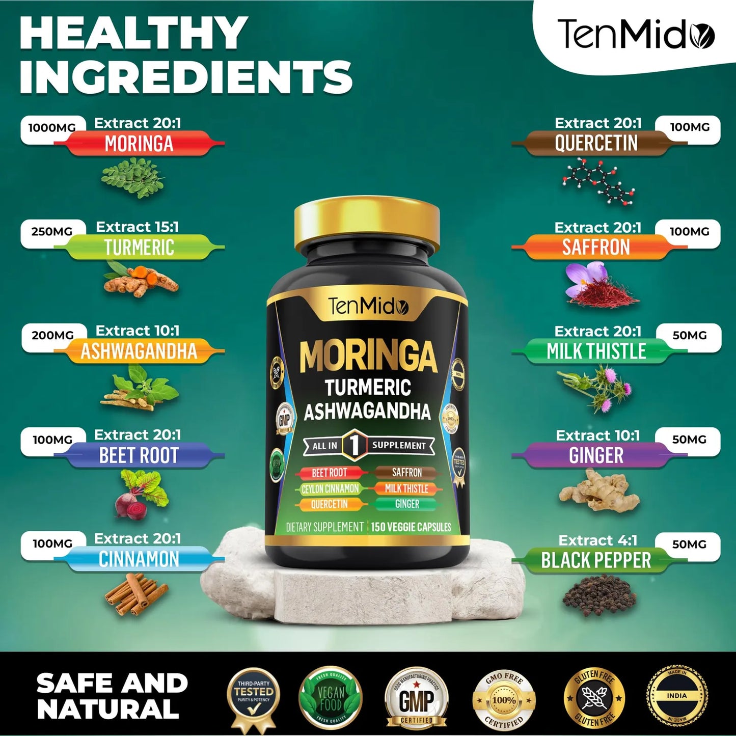 Suplemento Moringa Oleifera 10 En 1 Con Cúrcuma Y Ashwagandha Energía Y Salud