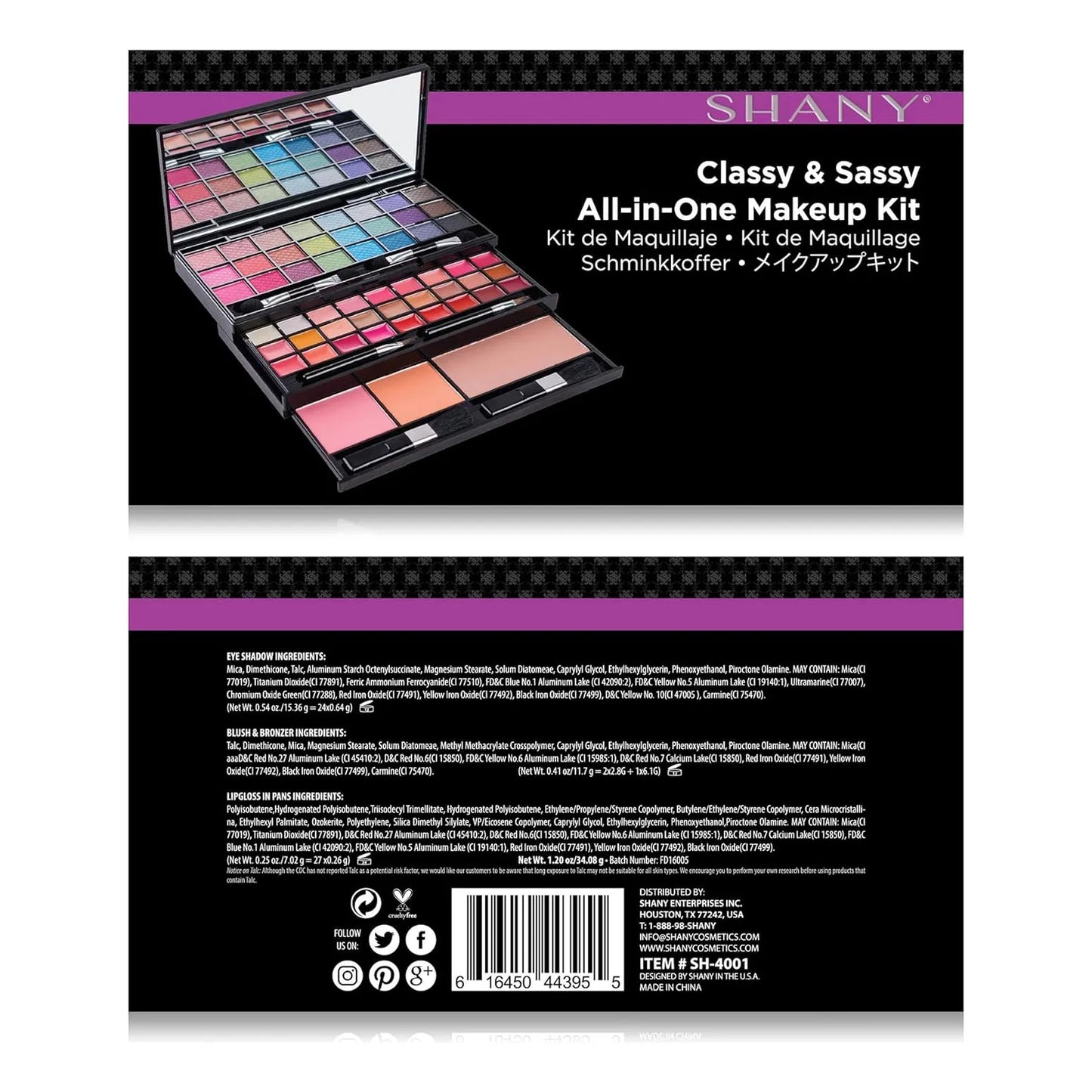 Kit Maquillaje Shany 45 Tonos Espejo Aplicadores Libre Crueldad