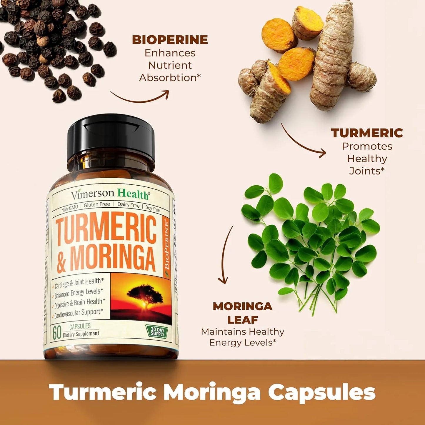 Extracto Curcumina Cúrcuma Moringa Pimienta Negra Suplemento Articular Energía