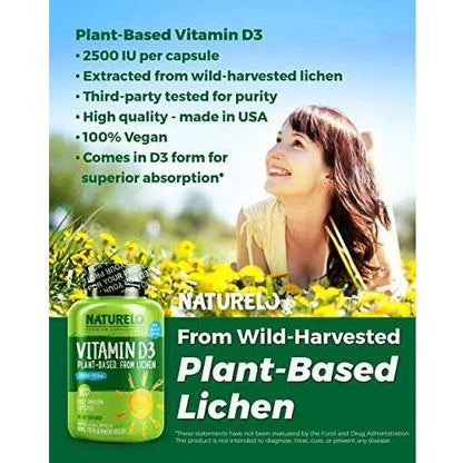 Vitamina D3 Vegana 2500 UI Líquenes 180 Cápsulas Salud Ósea E Inmunidad