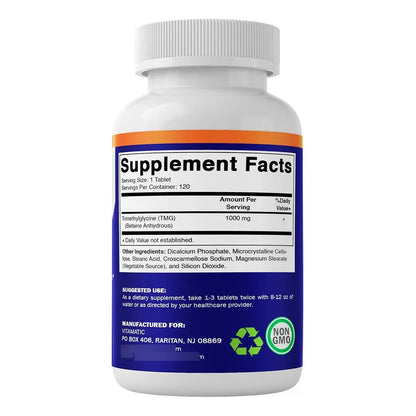 Trimetilglicina Betaína Anhidra 1000mg 120 Tabletas 2 Botellas Sin OMG Y Sin Gluten