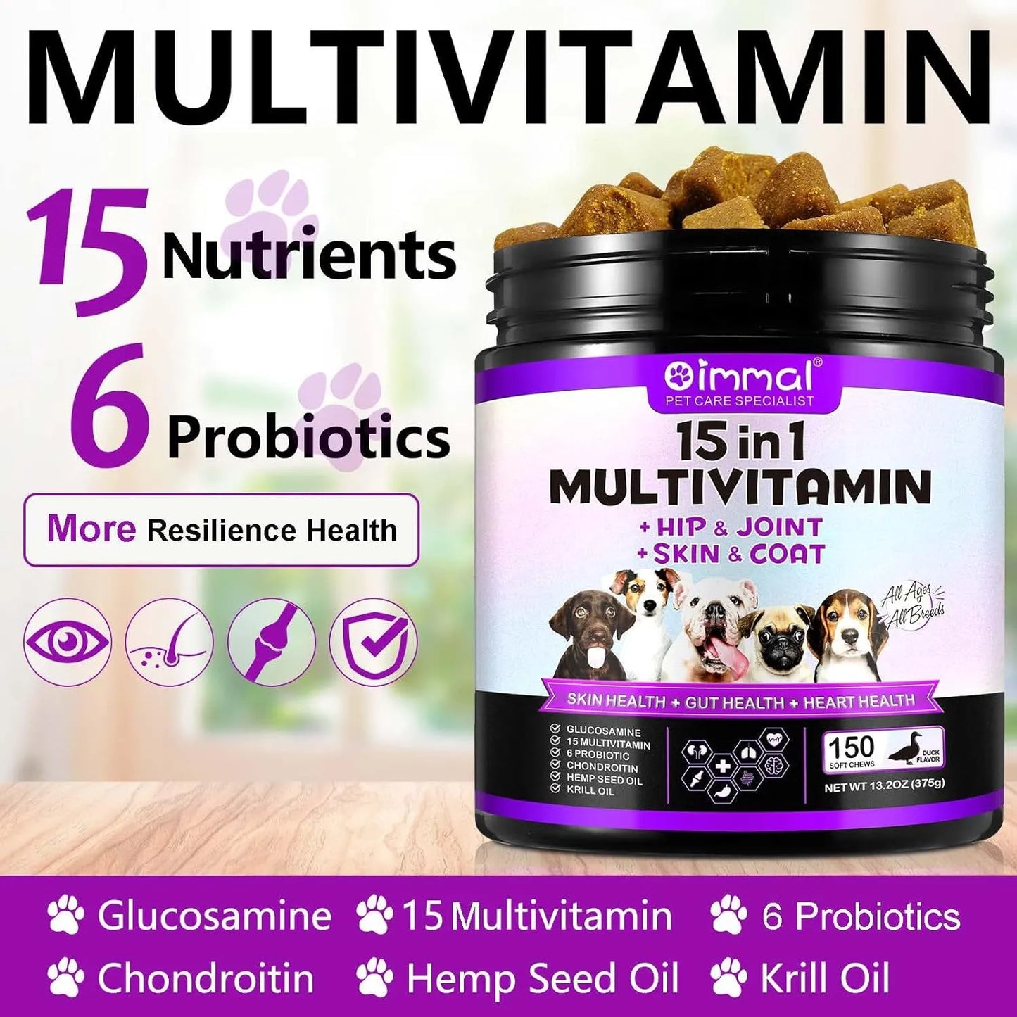 Multivitaminico Masticable Para Perros 150 Piezas 15 Vitaminas Y Probióticos