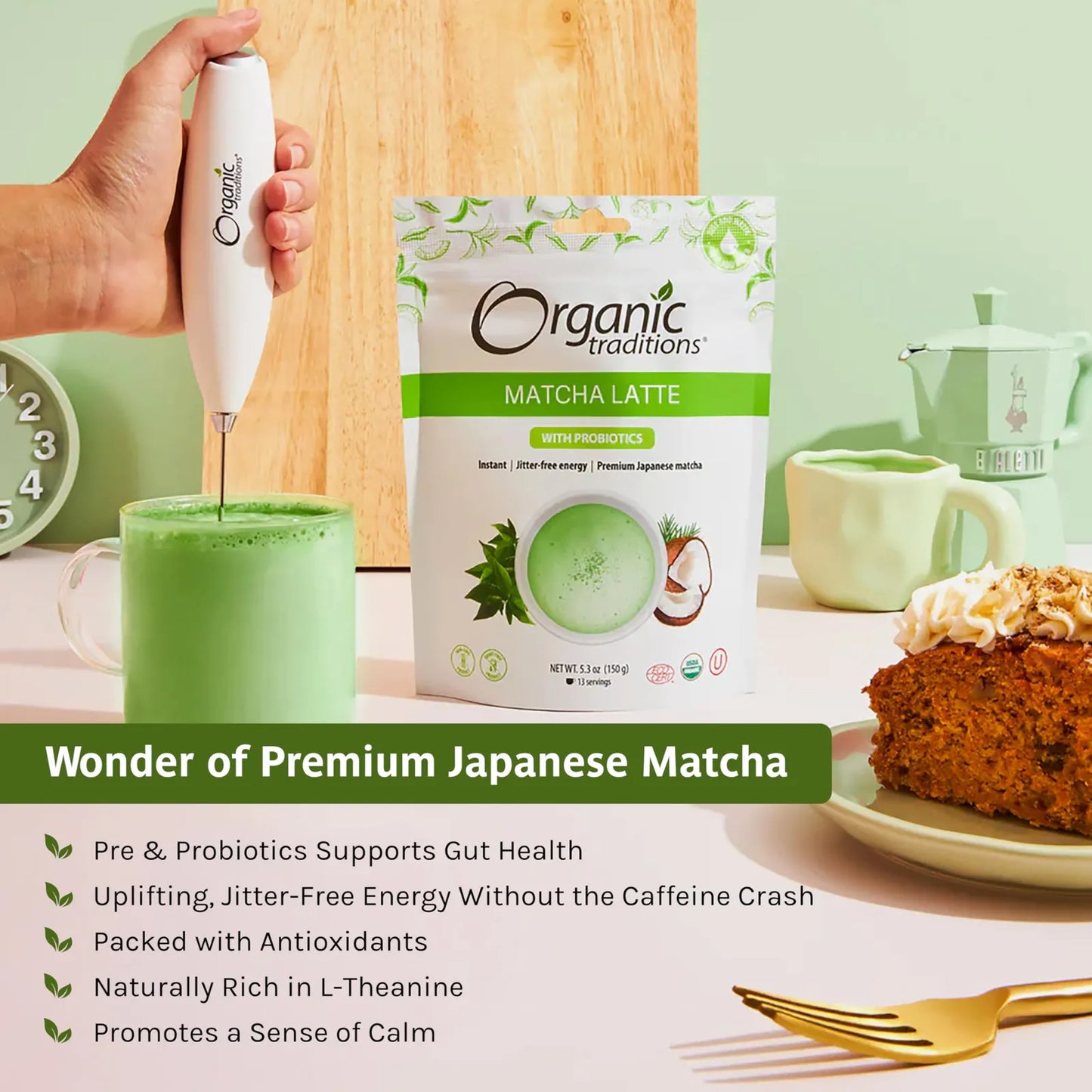 Matcha Latte En Polvo Orgánico Base Cremosa De Coco Antioxidantes Y Probióticos
