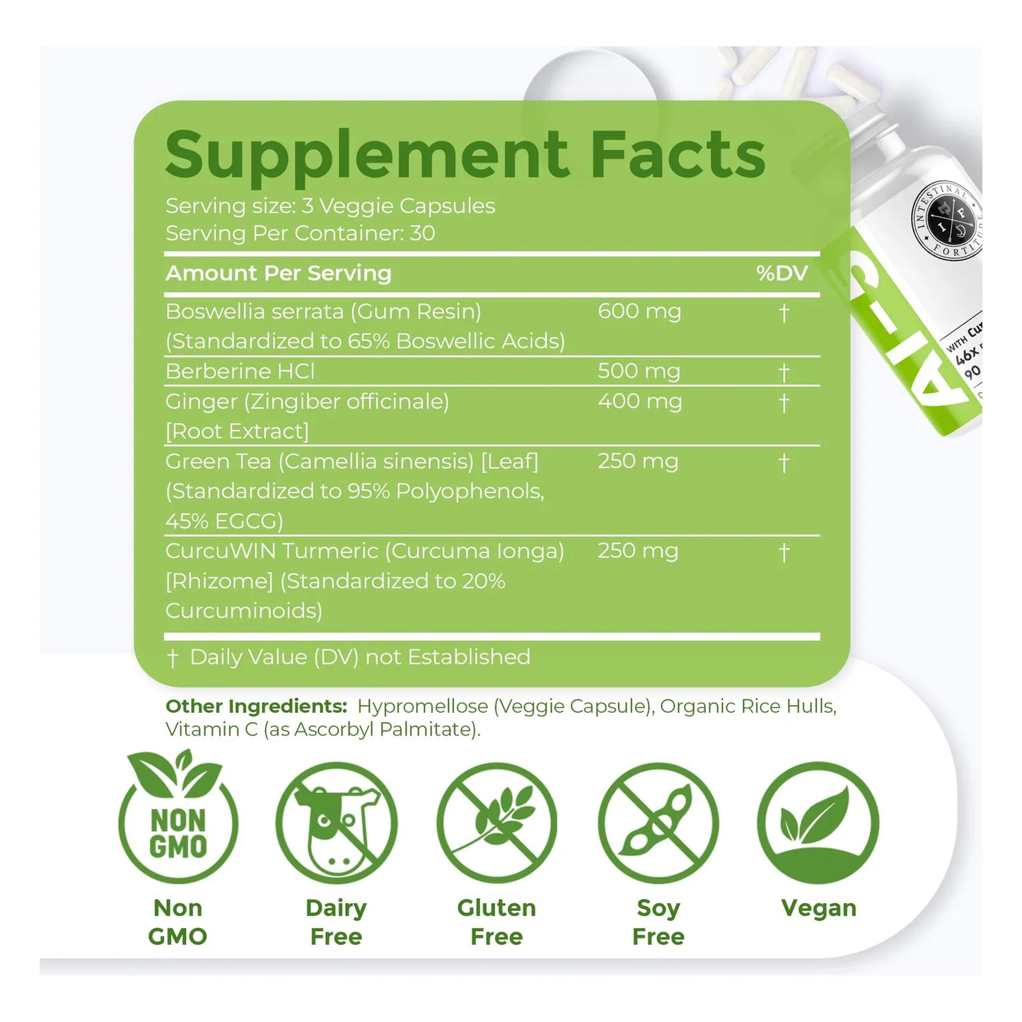 Capsulas Digestivas Con Curcuwin Curcuma Boswellia Jengibre Té Verde EGCG Apoyo Intestinal