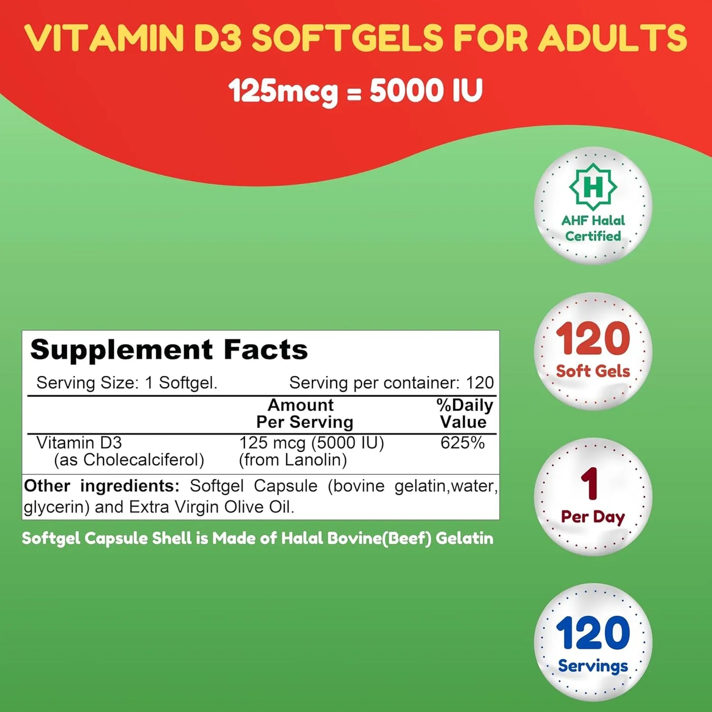 Vitamina D3 Halal 5000 Ui Cápsulas Blandas 120 Porciones Soporte Huesos E Inmunidad