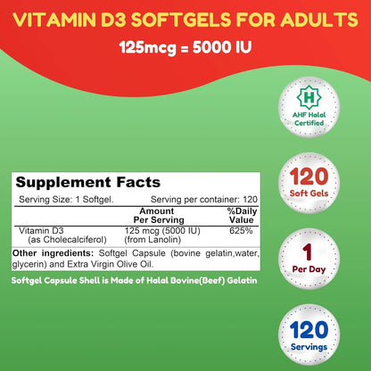 Vitamina D3 Halal 5000 Ui Cápsulas Blandas 120 Porciones Soporte Huesos E Inmunidad