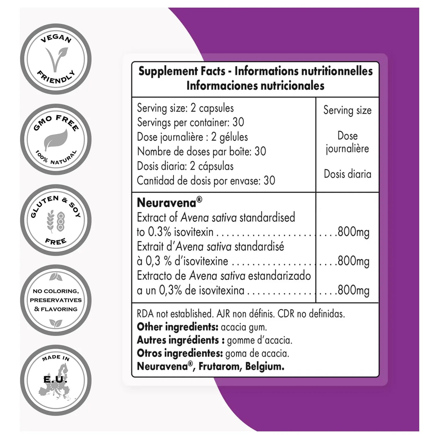 Soporte Natural De Dopamina 800 Mg Neuravena Extracto De Avena Sativa 60 Cápsulas Vegetarianas