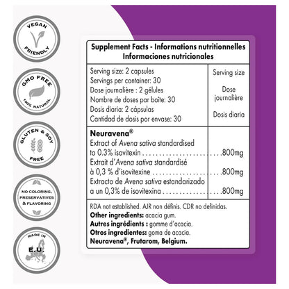 Soporte Natural De Dopamina 800 Mg Neuravena Extracto De Avena Sativa 60 Cápsulas Vegetarianas