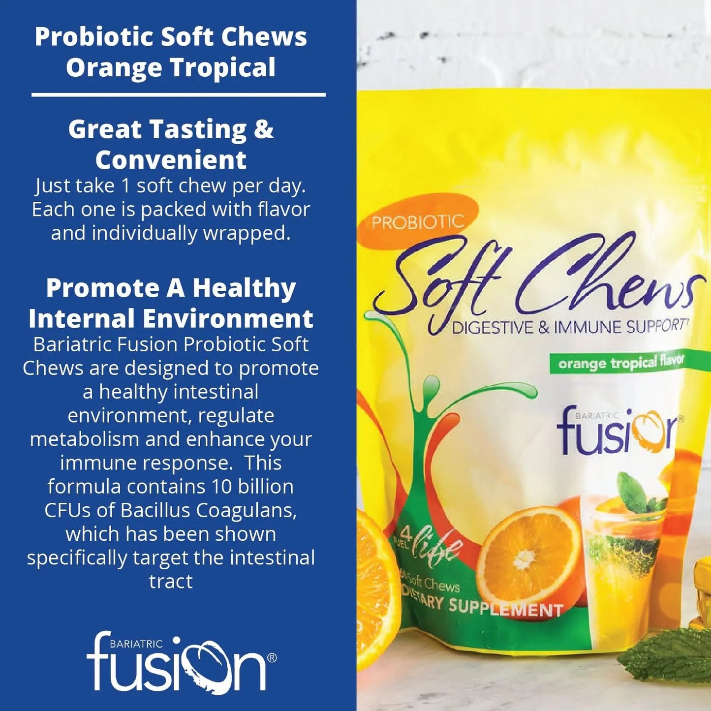 Probiótico Masticable Bariatric Fusion 10 Mil Millones UFC Sabor Tropical Naranja 60 Unidades