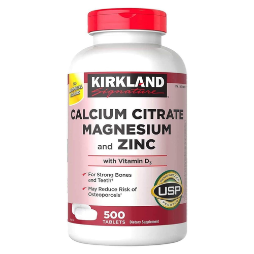 Citrato de Calcio, Magnesio y Zinc Kirkland Signature – Con Vitamina D3 y B6 – Salud Ósea y Muscular – 500 Tabletas