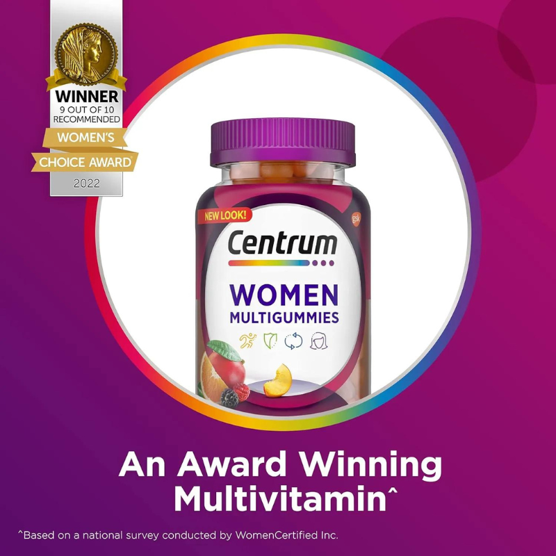 Centrum MultiGummies Gummy Multivitamínico para mujeres, suplemento multivitamínico/multimineral con vitamina D3, vitaminas B y antioxidantes, sabor a fruta surtido, 100 unidades