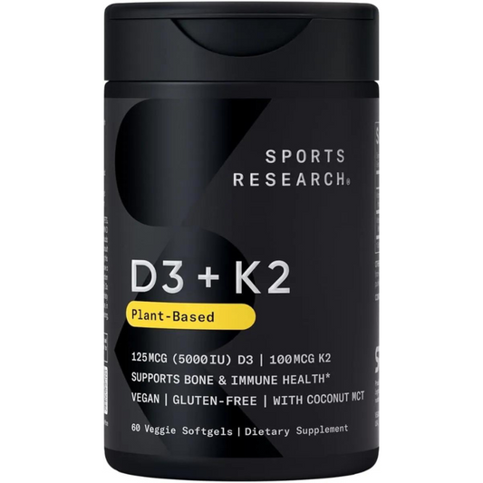 Sports Research Vitamina D3 + K2 con 5000 iu de D3 a base de plantas y 100 mcg de vitamina K2 como MK-7 | Verificado sin OMG y certificado vegano (30 ct)