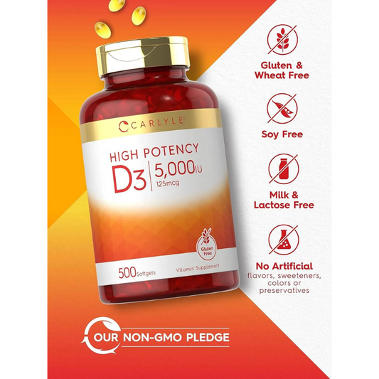 Vitamina D3 5000 UI | 500 cápsulas blandas | Tamaño de valor | Suplemento sin OMG y sin gluten | 125 mcg | por Carlyle