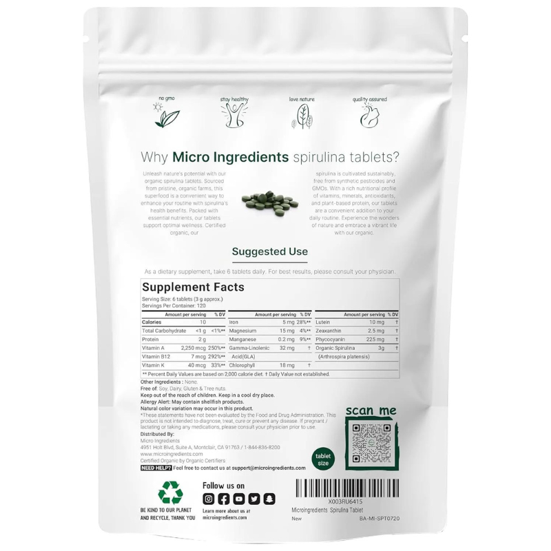 Micro Ingredients Suplemento orgánico de espirulina, 3000 mg por porción, 720 tabletas