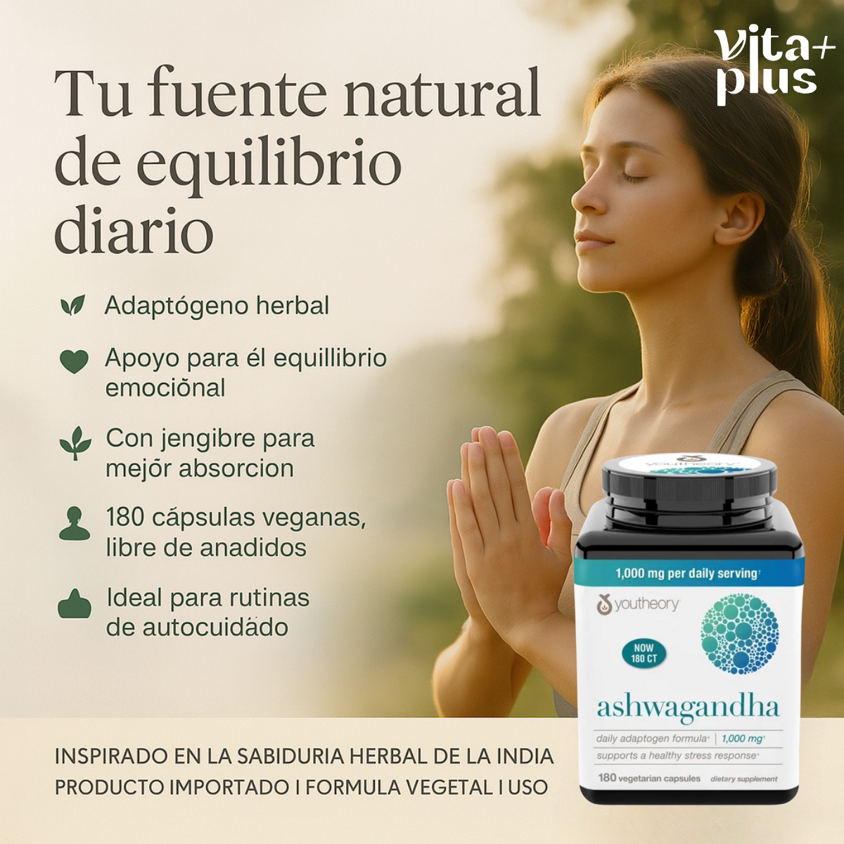 Youtheory Ashwagandha 1000mg con KSM-66 – Apoyo Natural para el Estrés y la Calma Mental 180 Cápsulas