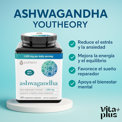 Youtheory Ashwagandha 1000mg con KSM-66 – Apoyo Natural para el Estrés y la Calma Mental 180 Cápsulas